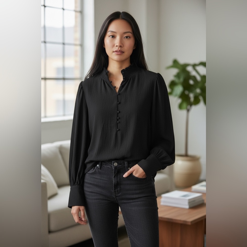 RW & CO Elegant Black Blouse with Button Detail